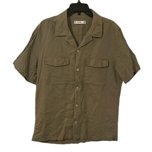 MNG Men's Khaki Green Regular Fit Short Linen Blend Button Up Shirt Size M